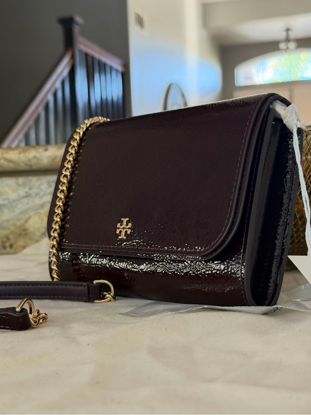 New Tory Burch Emerson chainPatent Crossbody Bag in angello color